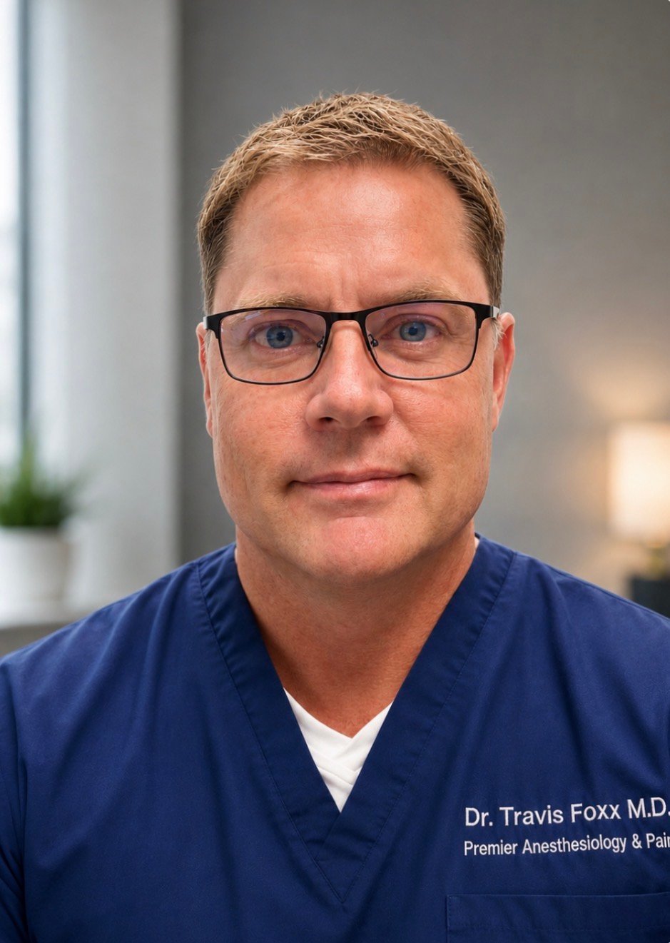Professional headshot of Dr. Travis Foxx, a male anesthesiologist wearing glasses and blue medical scrubs
